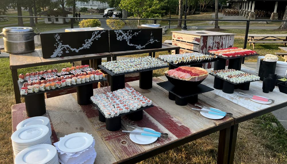 Outdoor sushi buffet catered at a New Jersey event venue